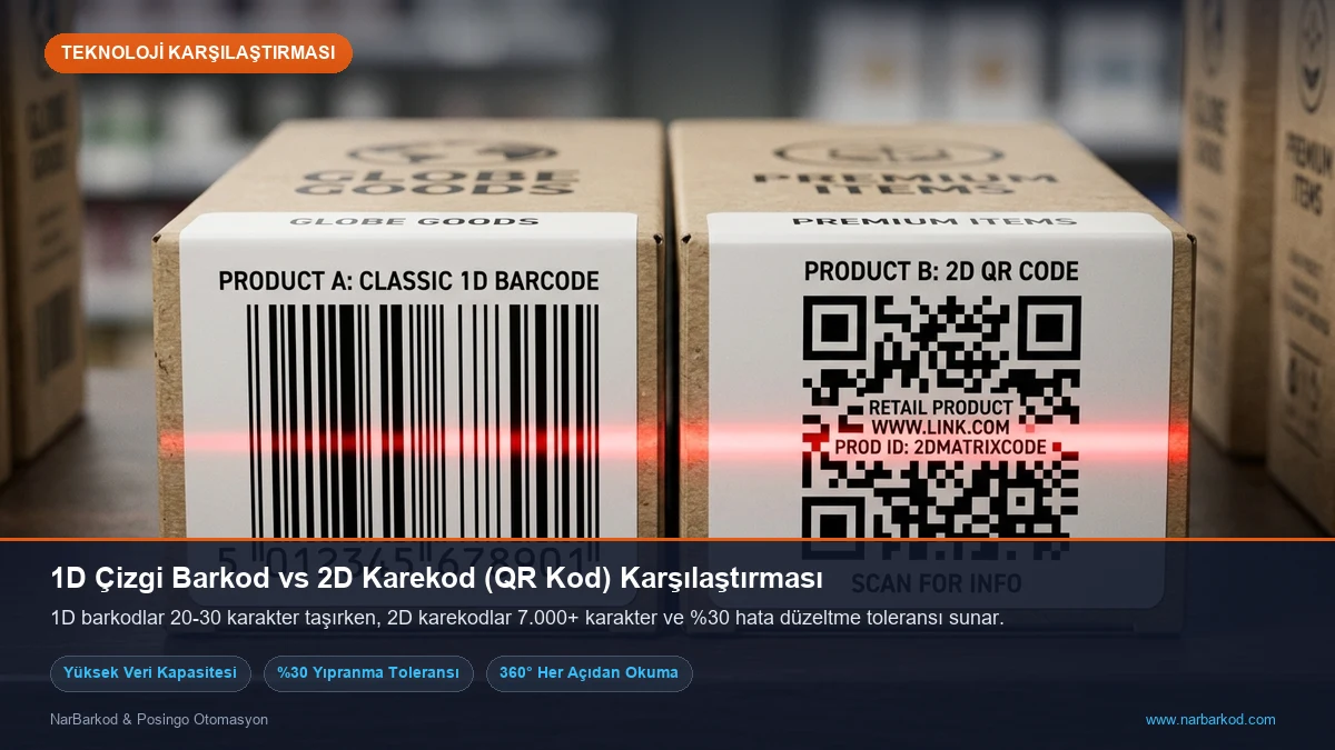 Karekod Nasıl Okutulur? Hangi Alanlarda Kullanılır? (2026 QR Kod Rehberi) 1D Çizgi Barkod vs 2D Karekod Karşılaştırması