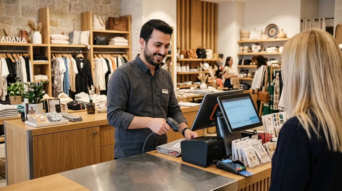 Adana Barkod Sistemi Market Kasa Otomasyonu Adana perakende butik ve market kasasında dokunmatik POS terminali ve barkod okuyucu ile hızlı satış yapan kasiyer