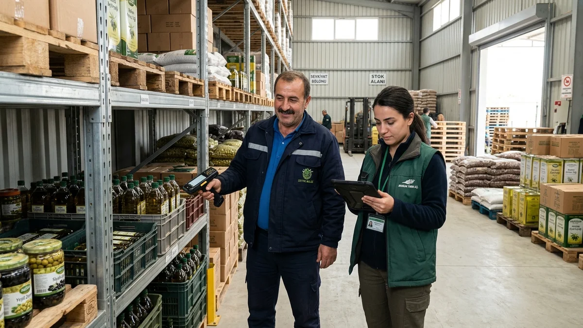 Akhisar Zeytin ve Tarım Depo Barkod Takibi Akhisar zeytin deposunda el terminali ile teneke ve ambar barkodu okutarak parti lot kontrolü yapan Türk depo uzmanı