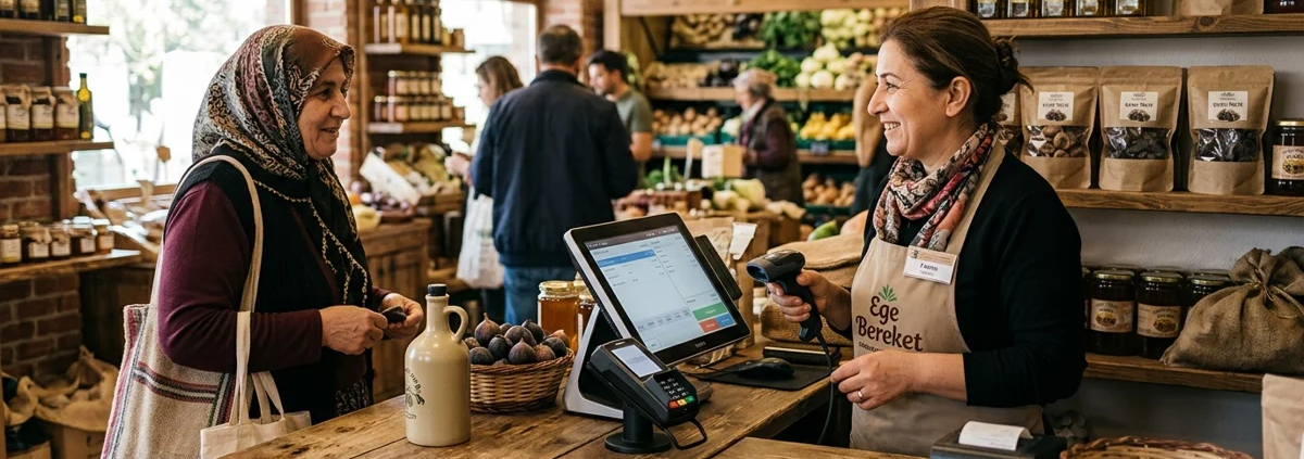 Hızlı Satış Programı ile Kasa Hızı ve Verimlilik Rehberi Aydın yerel market ve yöresel ürünler mağazasında dokunmatik POS terminali ve barkod okuyucu ile kasa satışı