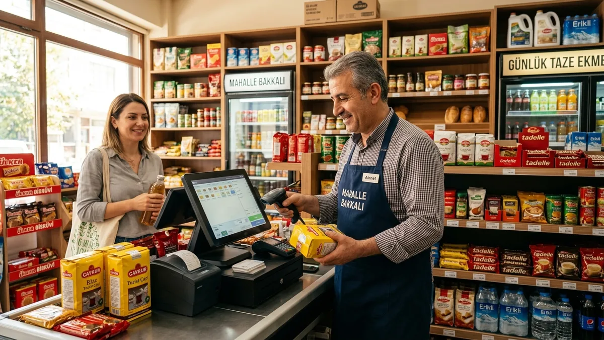 Bakkal Programı Barkod Sistemi Market Kasa Modern bakkal ve mahalle marketinde dokunmatik POS terminali ve barkod okuyucu ile satış yapan bakkal esnafı
