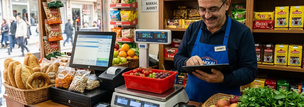 Bakkal tezgahında elektronik terazi entegrasyonu ve tablet üzerinden dijital veresiye defteri takibi yapan bakkal esnafı