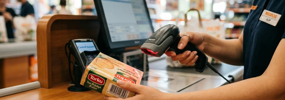 Barkod Okuma Programları Perakende mağaza kasasında optik lazer barkod okuyucu ile ürün barkodu okutma işlemi