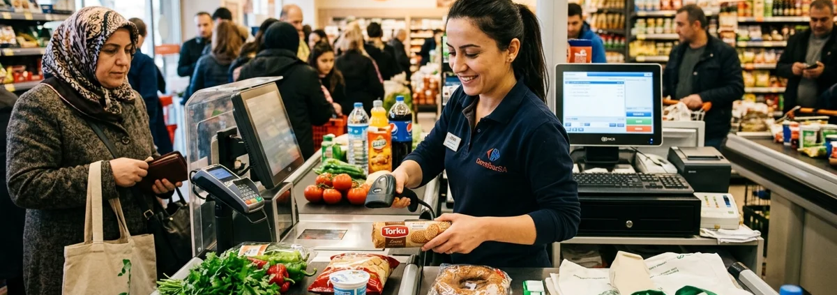 Süpermarket kasa hattında barkod okuyucu ile seri ürün okutma ve hızlı müşteri ödeme süreci
