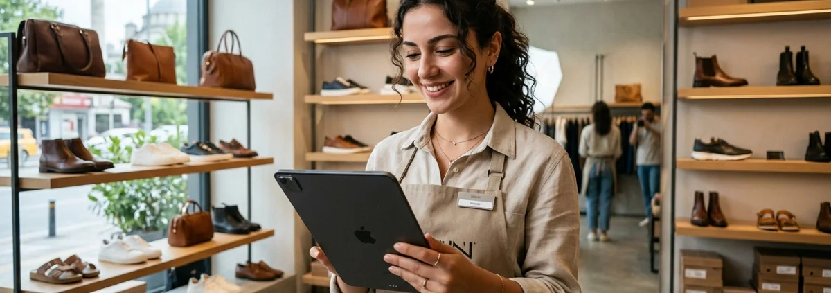 Perakende mağazasında taşınabilir tablet POS ile anlık bulut stok sorgulama ve mobil ödeme alma