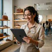 Perakende mağazasında taşınabilir tablet POS ile anlık bulut stok sorgulama ve mobil ödeme alma