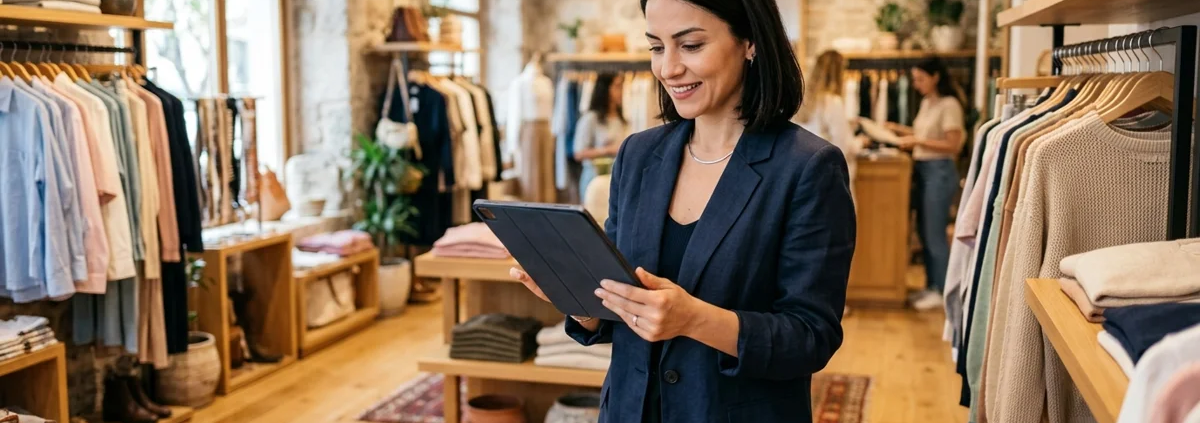 Barkod Sistemi Nedir ve İşletmelere Sağladığı Avantajlar Giyim butiğinde tablet üzerinden bulut tabanlı barkod yazılımı ile stok ve satış yönetimi