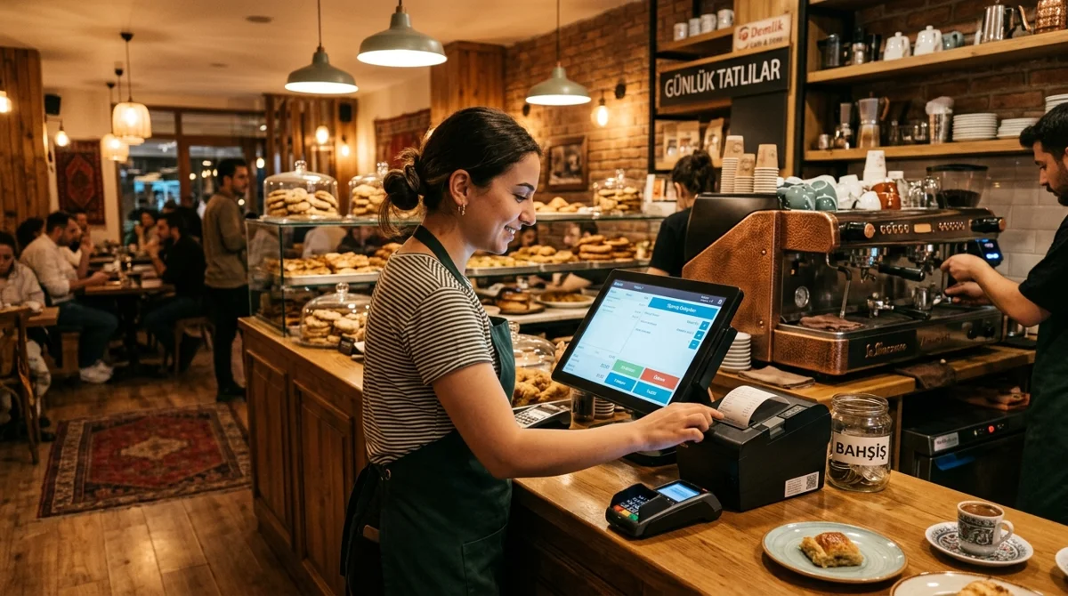 Cafe ve pastane tezgahında dokunmatik adisyon POS ekranı üzerinden masa hesabı kapatan çalışan