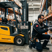 Depo içi forklift, transpalet ve ağır yük raf sistemlerinin dayanıklı metal barkod plakalarıyla demirbaş takibi