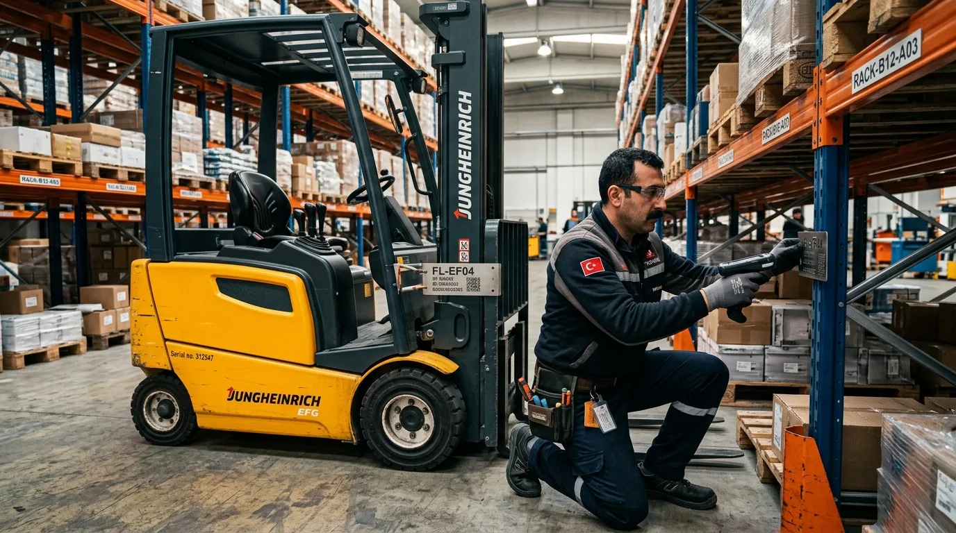 Depo içi forklift, transpalet ve ağır yük raf sistemlerinin dayanıklı metal barkod plakalarıyla demirbaş takibi
