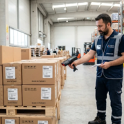 Depo Stok Takibi Endüstriyel El Terminali ile Sayım Lojistik ambarında el terminali ile palet ve koli barkodlarını okutarak stok sayımı yapan ambar görevlisi