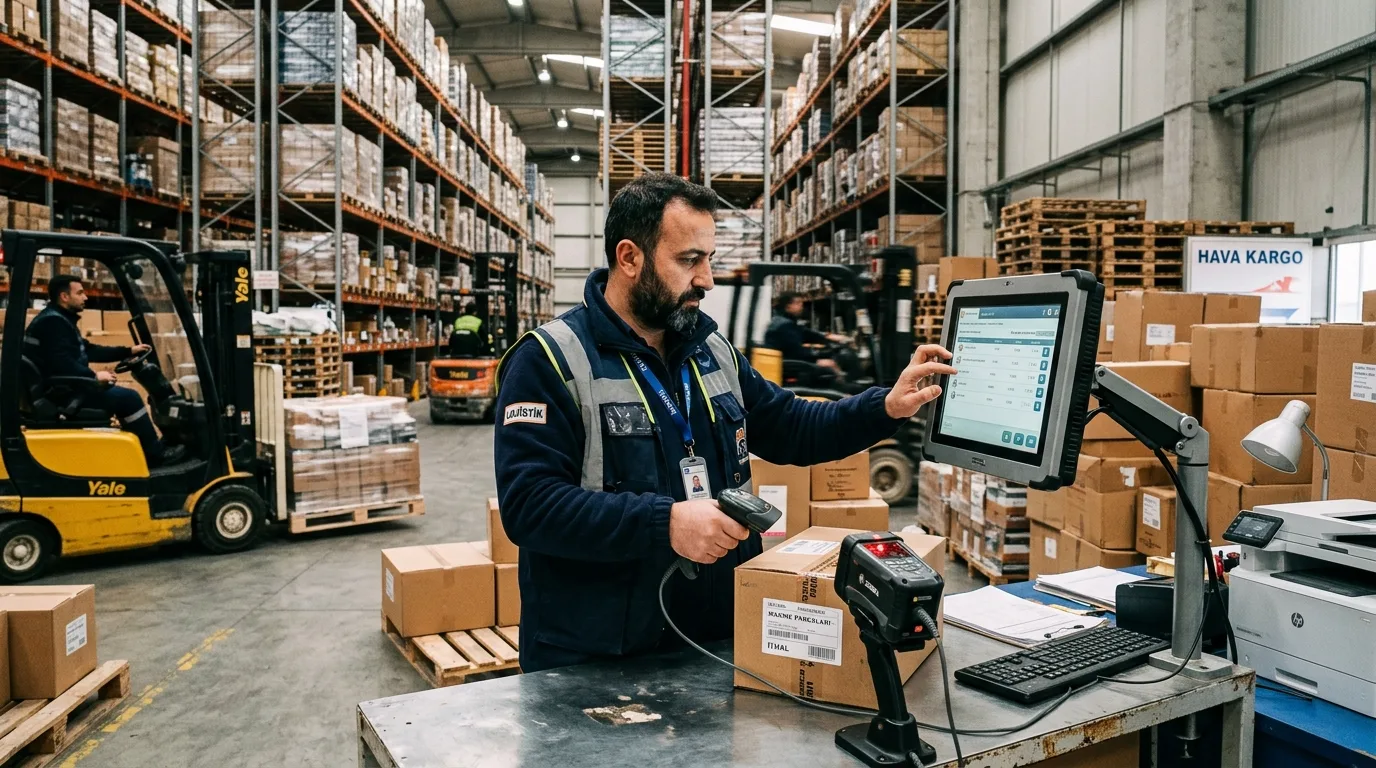 Depo Stok Takibi Depo sevkiyat masasında sabit barkod okuyucu ve dokunmatik ekranla gelen parti malların stok giriş kaydı