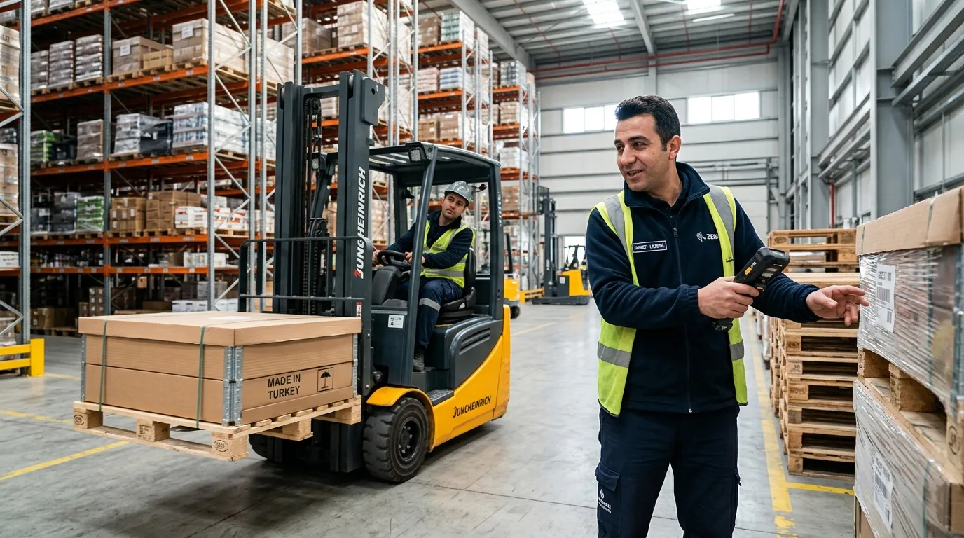 Depo Takip Programı Modern lojistik merkezinde forklift operatörü ve depo sorumlusunun el terminaliyle palet barkodu taraması