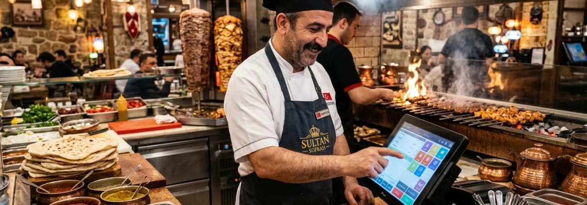 Restoran Yazılımı ve Programı Dürümcü ve kebap restoranları için hızlı dokunmatik adisyon sistemi; masa, paket servis ve ocakbaşı siparişlerini anlık senkronize eder.