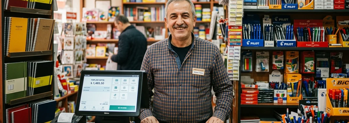 Kırtasiye ve perakende mağaza tezgahında dokunmatik POS terminali ile cari ve satış takip eden esnaf