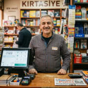 Esnaf ve Perakende Barkod Sistemi Ciro ve Cari Takip Kırtasiye ve perakende mağaza tezgahında dokunmatik POS terminali ile cari ve satış takip eden esnaf