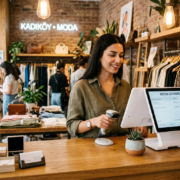 İstanbul Kadıköy Butik ve Perakende Mağazalar İçin Barkod Sistemi Kadıköy barkod sistemi butik mağaza ahşap kasa tezgahı ve POS terminali