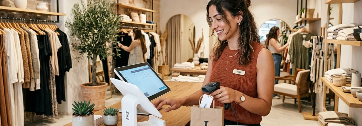 Mağaza Barkod Sistemleri İzmir perakende ve mağazacılık sektörü için estetik beyaz All-in-One dokunmatik POS kasa ve kablosuz optik barkod altyapısı.