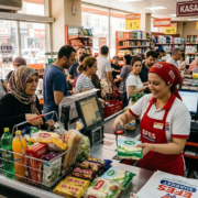 İzmir Ticaret Merkezlerinde Yoğun Kasa Akışı İçin Barkodlu Satış Programı İzmir barkodlu satış programı yoğun süpermarket kasasında barkod okutma
