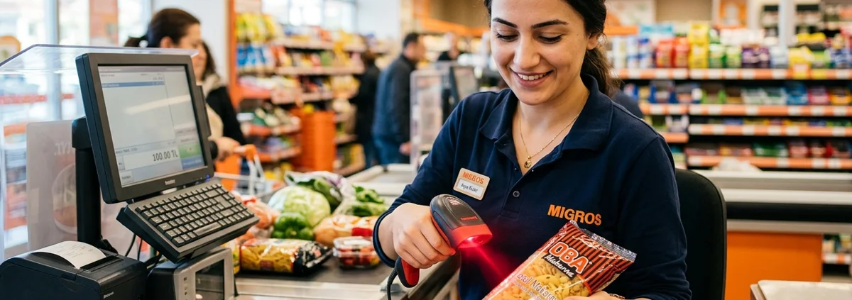 Market kasiyerinin el tipi optik okuyucu lazeri ile ürün ambalajındaki barkodu saniyeler içinde okutması