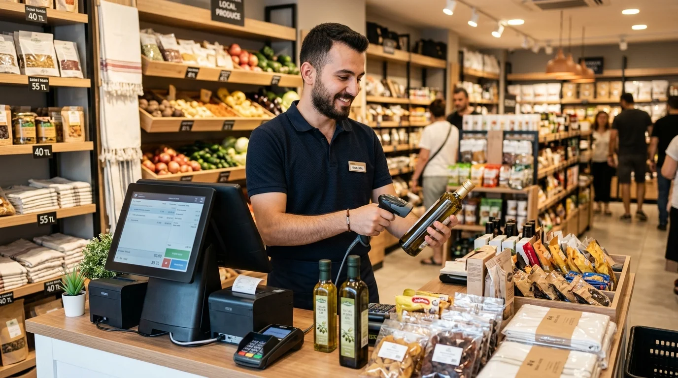 Mersin perakende mağazası ve şarküteride dokunmatik POS terminali ve barkod okuyucu ile satış yapan kasiyer