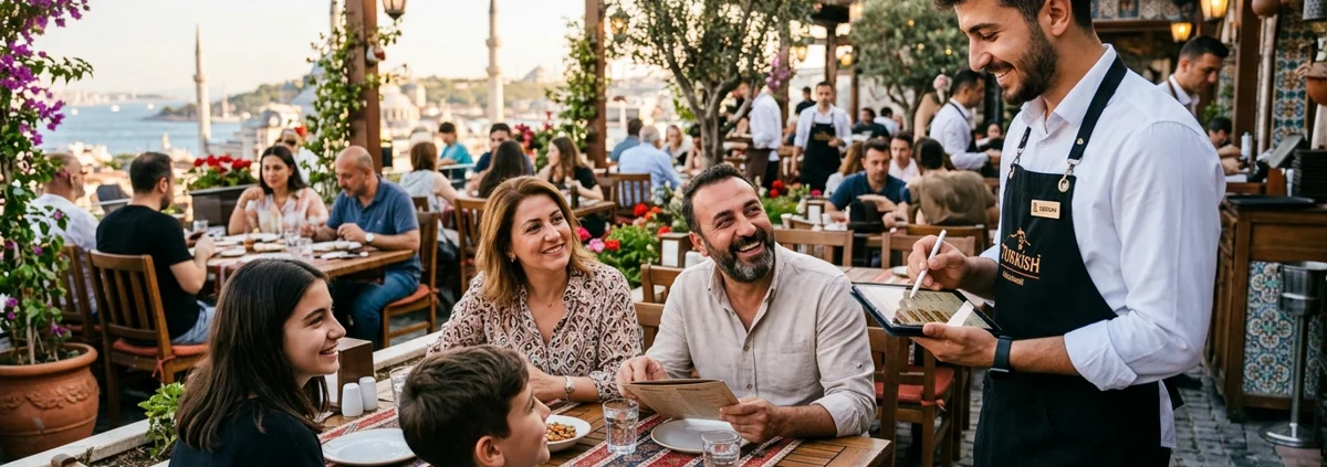 Restoran terasında garsonun tablet sipariş sistemi ile doğrudan masadan mutfağa sipariş göndermesi