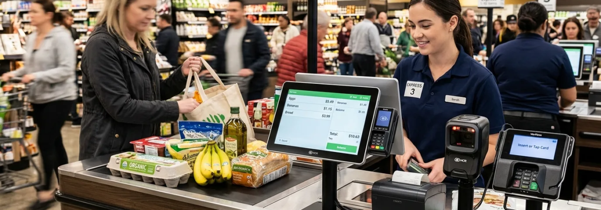 Barkodlu Hızlı Satış Sistemi Ne İşe Yarar? Kasa Verimliliği ve Hız Rehberi Barkodlu hızlı satış sistemi süpermarket hızlı kasa bandı ve okuyucu