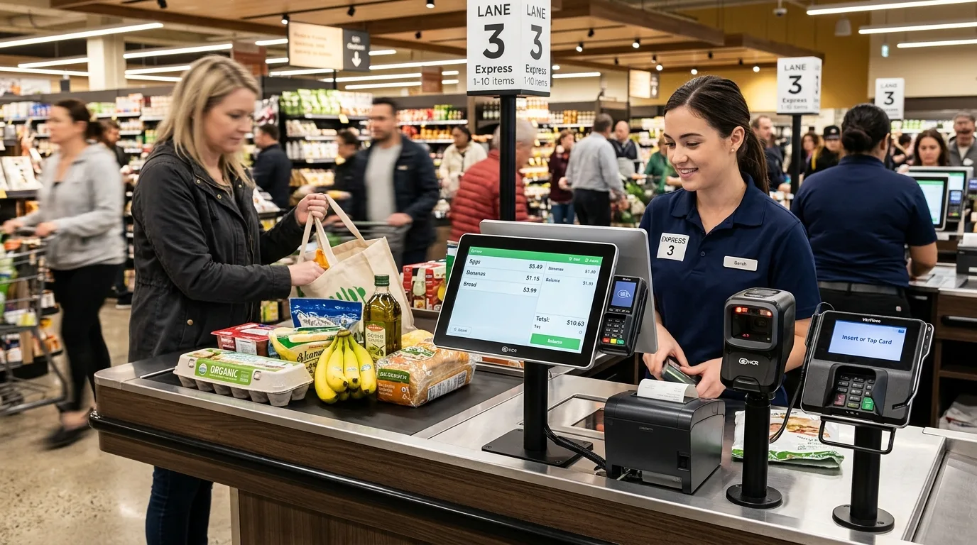 Barkodlu Hızlı Satış Sistemi Ne İşe Yarar? Kasa Verimliliği ve Hız Rehberi Barkodlu hızlı satış sistemi süpermarket hızlı kasa bandı ve okuyucu